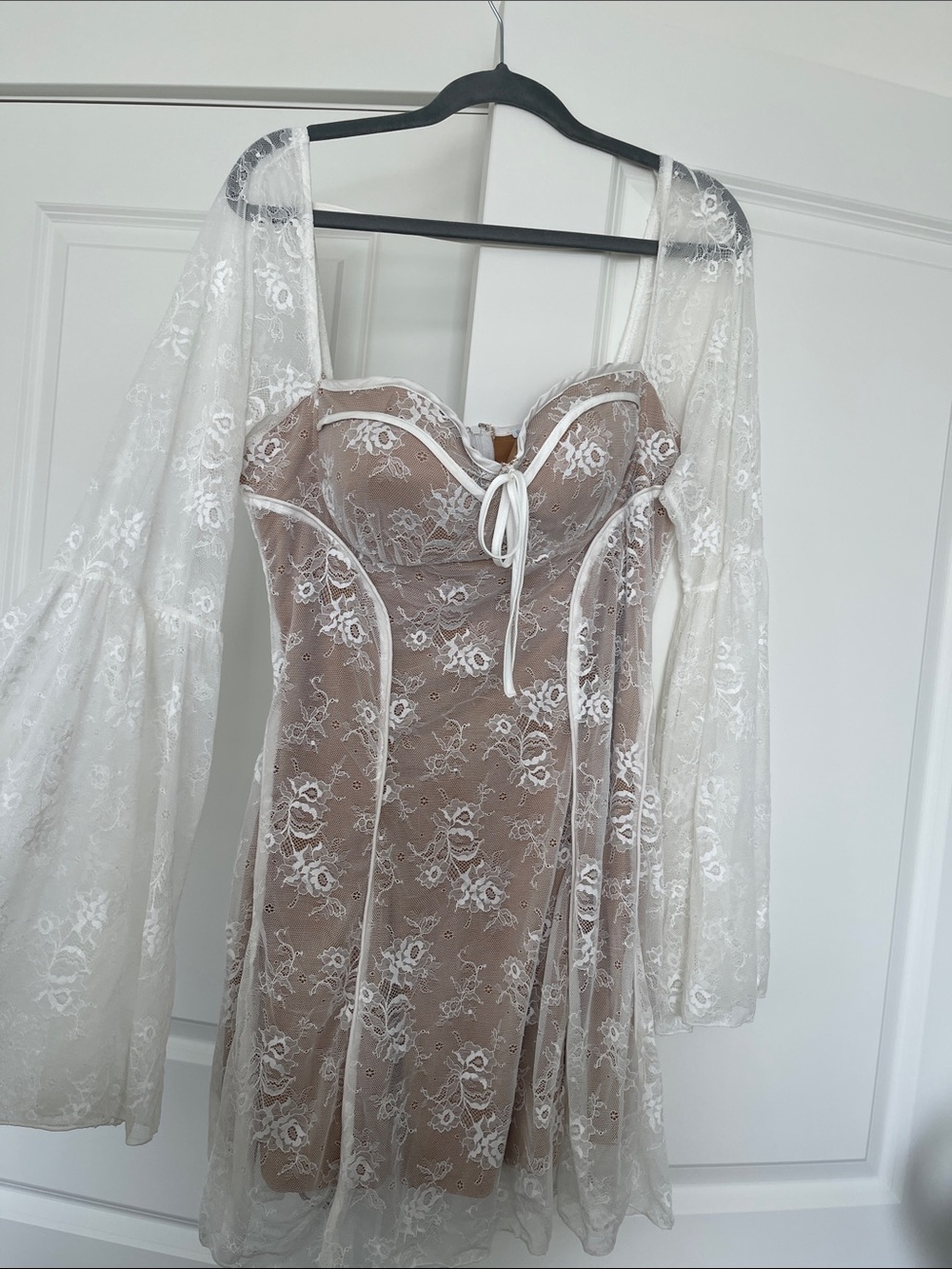 Fashion Nova Taupe Mini Dress with White Lace Overlay